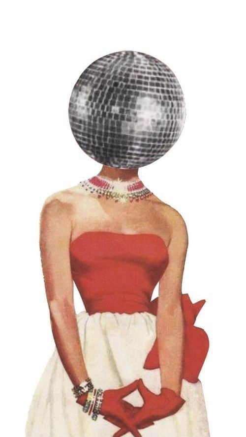 Elegant woman with disco ball head, wearing red strapless dress, accessorized with colorful jewelry and red gloves.