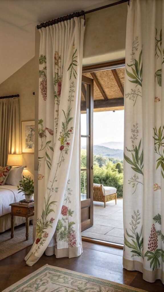 Elegant bedroom with floral drapes and open doors leading to scenic patio view. Cozy, nature-inspired interior design.