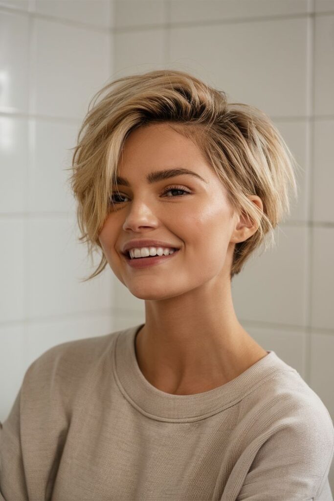 Smiling woman with trendy short blonde hairstyle in a beige sweater, standing against a tiled wall.