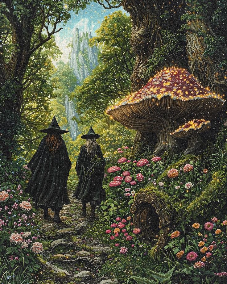 Two witches walk along a magical forest path adorned with colorful flowers and a giant glowing mushroom.