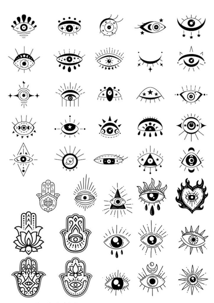 Collection of mystical eye symbols and hamsa designs, featuring stars, rays, and unique patterns in black and white.