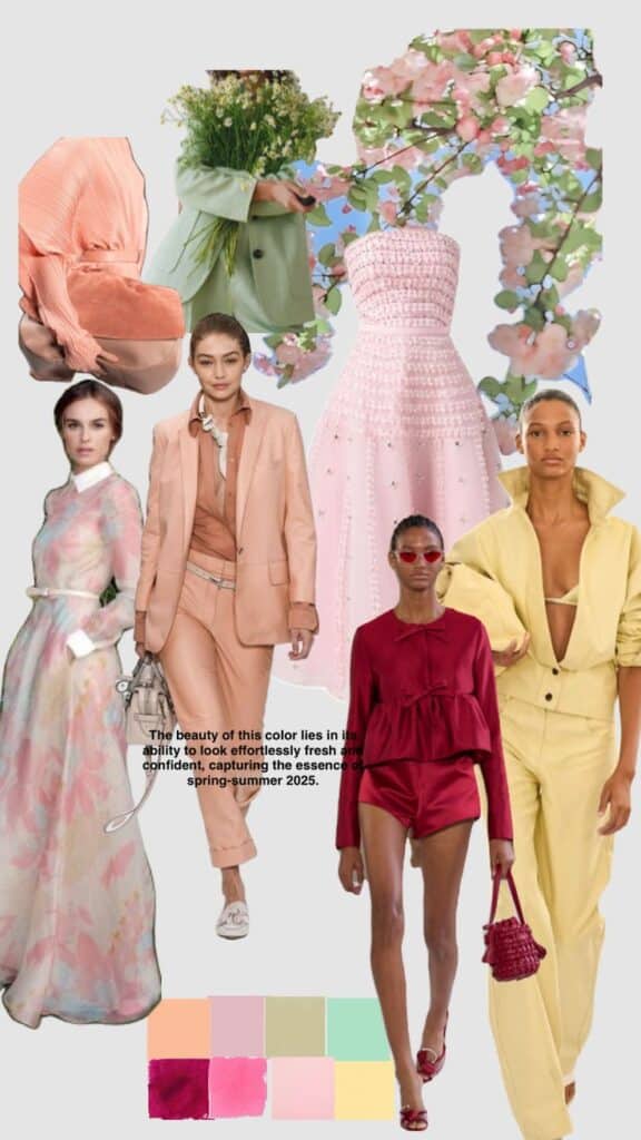 Spring-Summer 2025 fashion trends: pastel clothing, floral prints, vibrant suits, and color palettes inspire fresh styles.