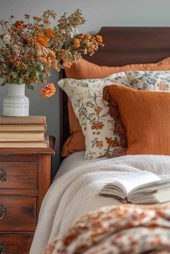 Cozy bedroom with floral pillows, orange accents, and a wooden nightstand featuring a vase of dried flowers and books.