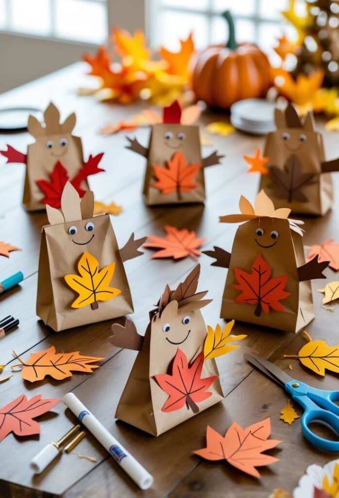 Autumn-themed paper bag crafts with googly eyes and colorful leaf decorations on a wooden table.