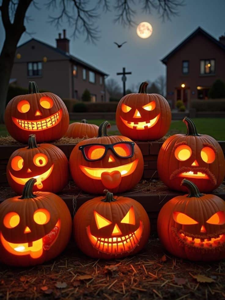 Group of carved jack-o'-lanterns with unique faces glow under a full moon in front of houses, Halloween scene.