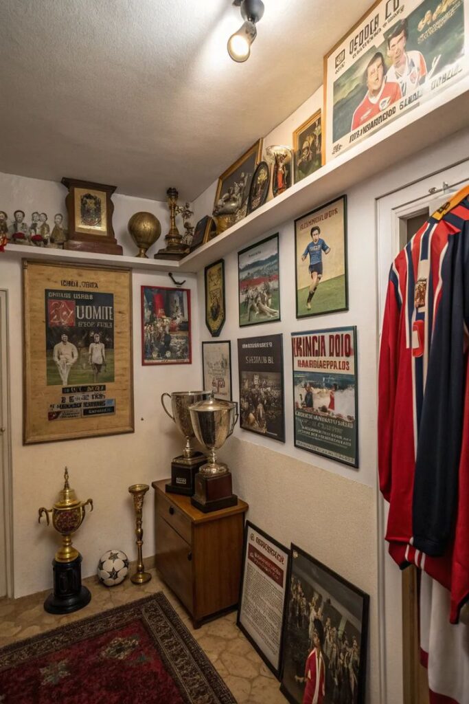 Room filled with vintage soccer memorabilia, including trophies, posters, and jerseys.