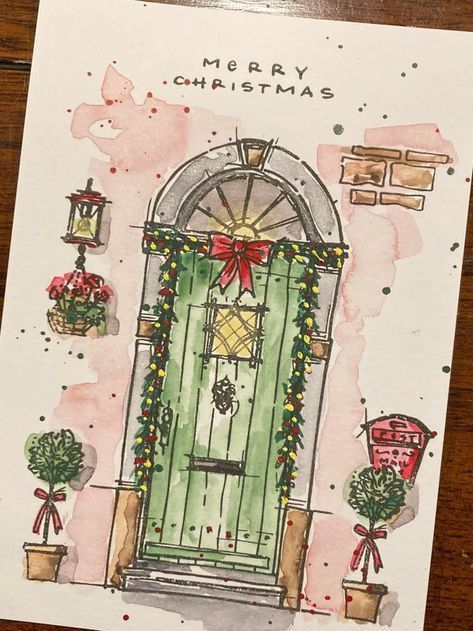 16016fa2-6c22-4371-b1ba-deef0e079036 Illustrated Christmas door with wreath, garlands, and red bow, adorned with festive plants and lights. | Sky Rye Design Illustrated Christmas door with wreath, garlands, and red bow, adorned with festive plants and lights.