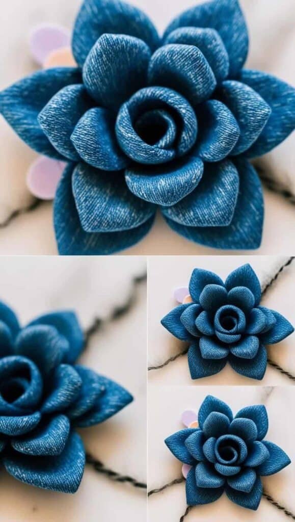 Blue fabric succulents with detailed texture on a white background, showcasing intricate design and craftsmanship.