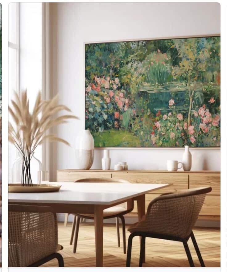 Modern dining room with large nature painting, light wood furniture, and soft natural light. Cozy and inviting atmosphere.