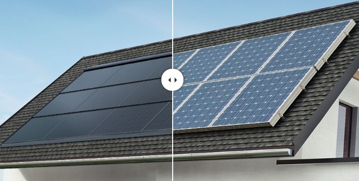 Roof with two types of solar panels: sleek black and traditional blue. Comparison of solar energy options.