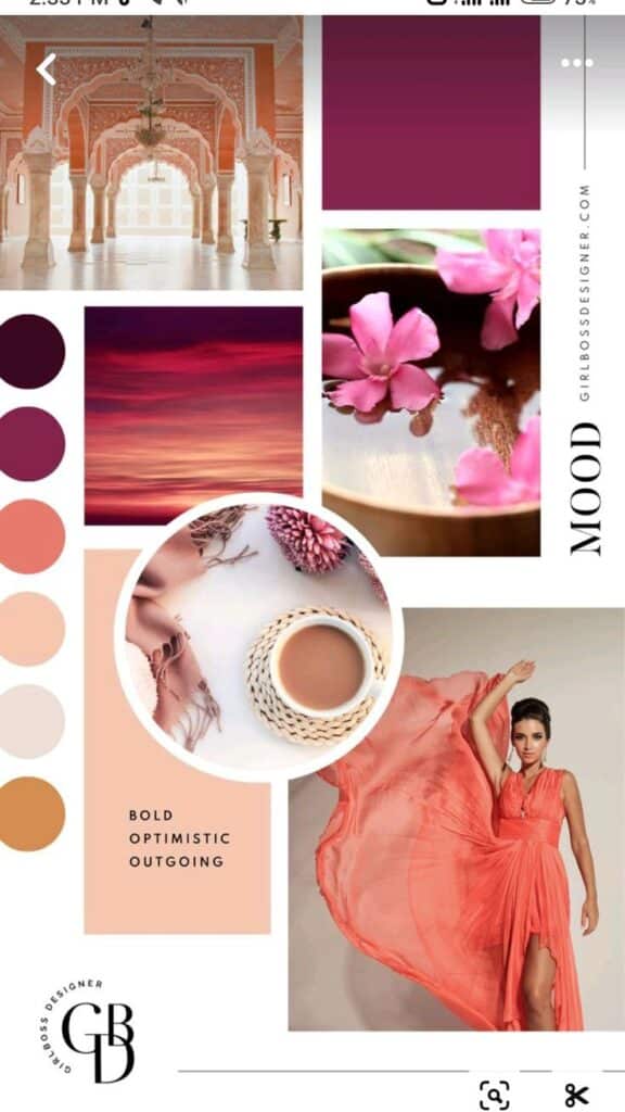 Colorful mood board with pink and peach tones, featuring flowers, coffee, and elegant architecture for design inspiration.