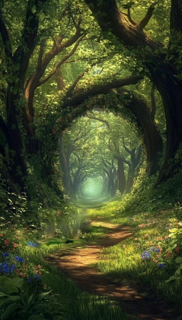 Enchanted forest pathway surrounded by lush green trees and colorful flowers under dappled sunlight.