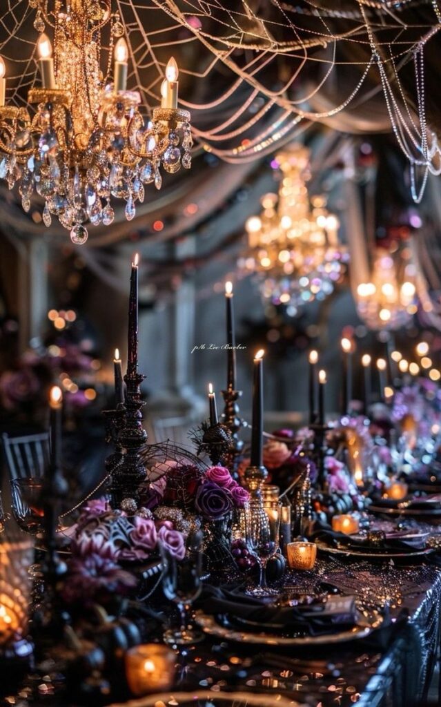 Elegant Halloween-themed dining table with chandeliers, black candles, and purple rose decor.