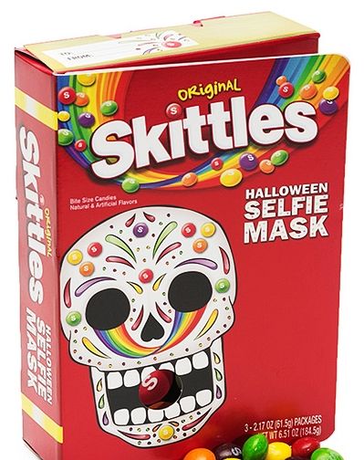 _ 17 Skittles Halloween Selfie Mask box with colorful sugar skull design and candy pieces. Perfect for festive fun! | Sky Rye Design Skittles Halloween Selfie Mask box with colorful sugar skull design and candy pieces. Perfect for festive fun!