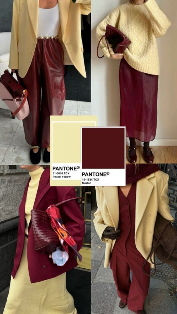 Fashion outfits in pastel yellow and merlot red, featuring color swatches for Pantone 11-0616 TCX and 19-1534 TCX. colour trends