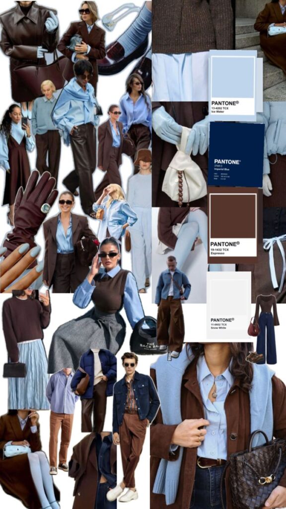 Fashion collage featuring Pantone colors: brown, blue, and white outfits, mixing textures and styles with gloves and accessories.