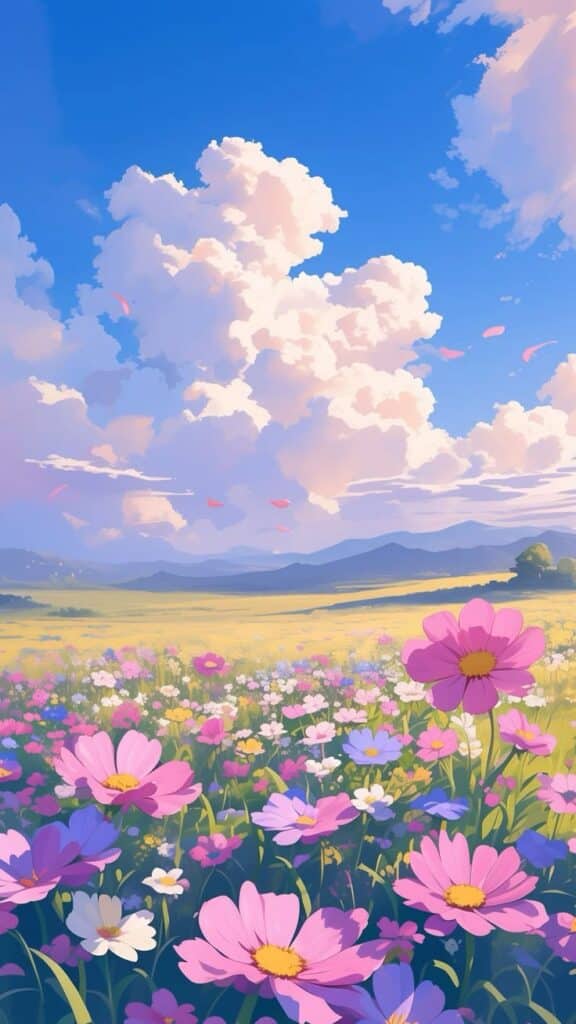 Colorful wildflower field under vibrant blue sky with fluffy clouds, perfect for nature-themed content or backgrounds.