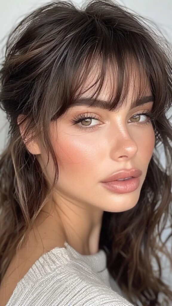 Woman with layered haircut and bangs, wearing a textured white top, gazes confidently with neutral makeup.