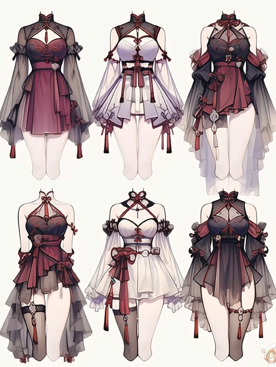 17379750-afaa-4e49-9a1b-6c92697453ec Elegant fantasy dresses with intricate designs in red, black, and white hues, featuring lace and layered skirts. | Sky Rye Design Elegant fantasy dresses with intricate designs in red, black, and white hues, featuring lace and layered skirts.