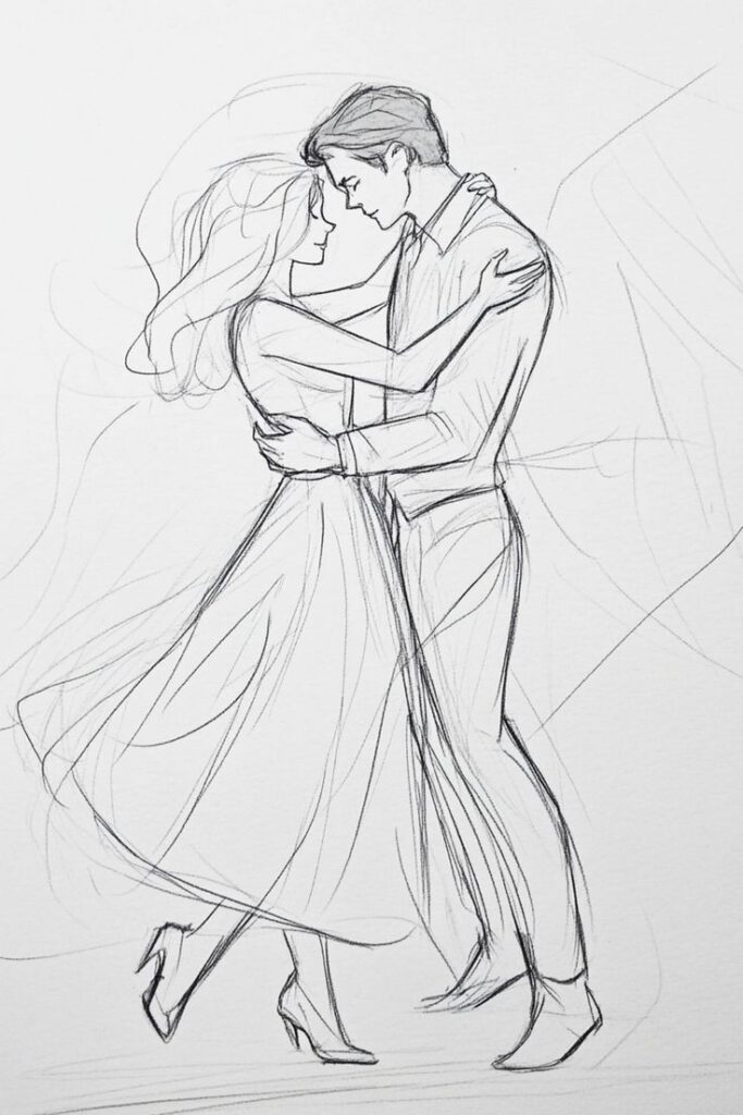 Romantic sketch depicting a couple dancing closely, captured in an elegant, pencil-drawn style.