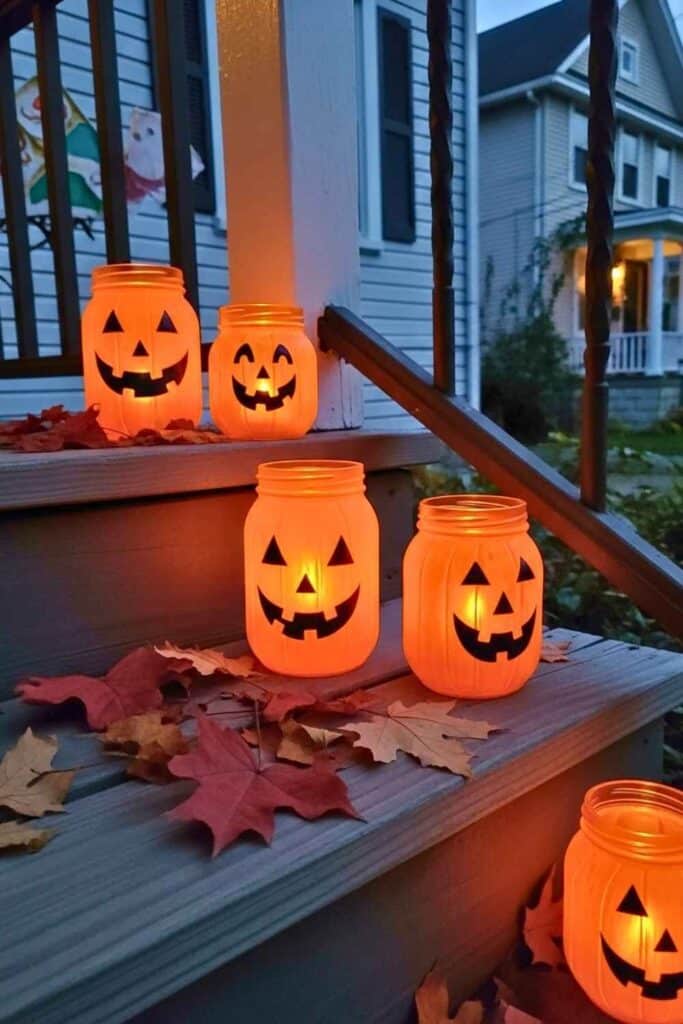 17e619b0c7d03db534d4234a8f6989e6 Glowing DIY pumpkin jar lanterns on porch steps with autumn leaves, perfect for Halloween decoration. | Sky Rye Design Glowing DIY pumpkin jar lanterns on porch steps with autumn leaves, perfect for Halloween decoration.
