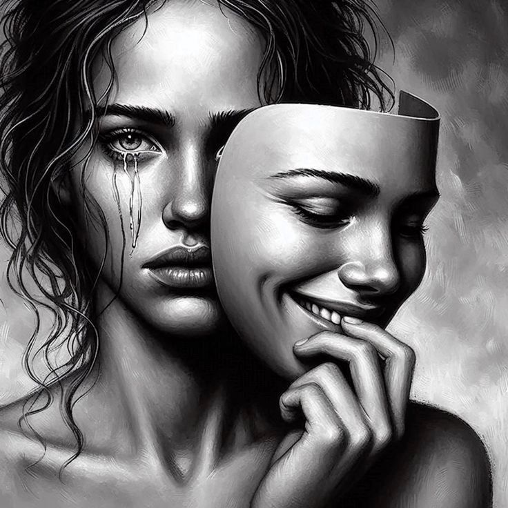 Monochrome artwork of a woman with a tear, holding a smiling mask, symbolizing hidden emotions and duality.