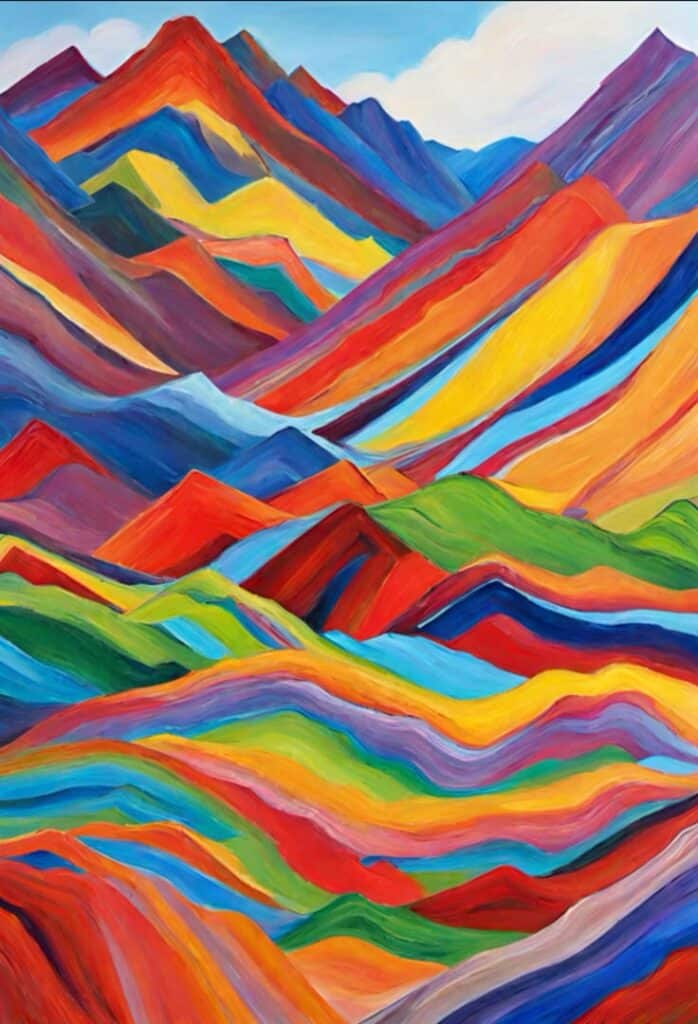 Colorful abstract painting of mountains with vibrant, swirling layers in reds, blues, greens, and yellows.