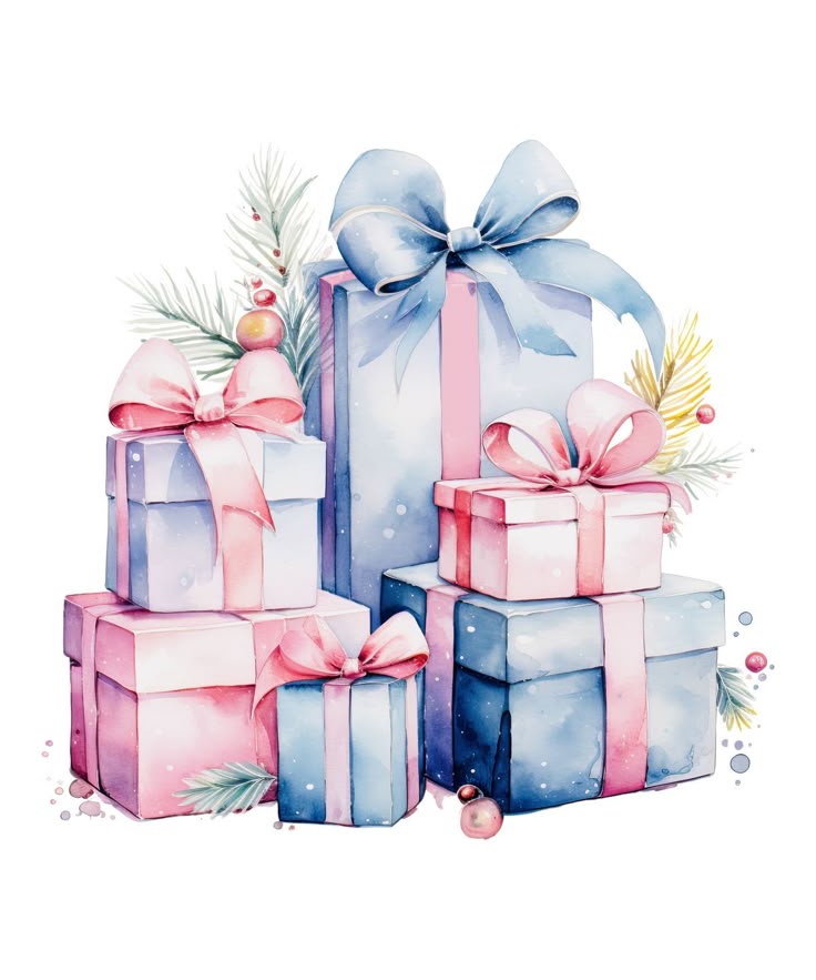 Watercolor gift boxes with pastel bows and festive foliage, perfect for Christmas or birthday celebrations.