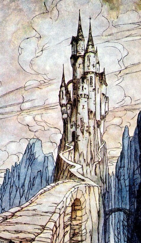 Tall, fantastical castle on a mountain with winding path, surrounded by clouds and peaks, in a fairy tale illustration.