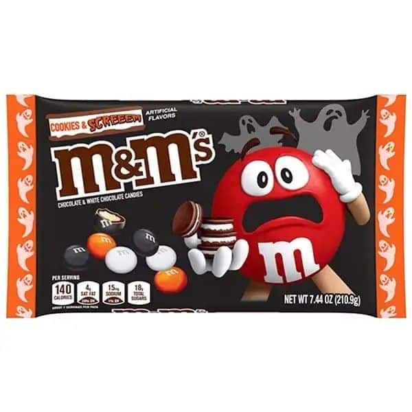 _ 18 M&M's Cookies & Screeem Halloween candy package featuring a red M&M character on a spooky-themed design. | Sky Rye Design M&M's Cookies & Screeem Halloween candy package featuring a red M&M character on a spooky-themed design.