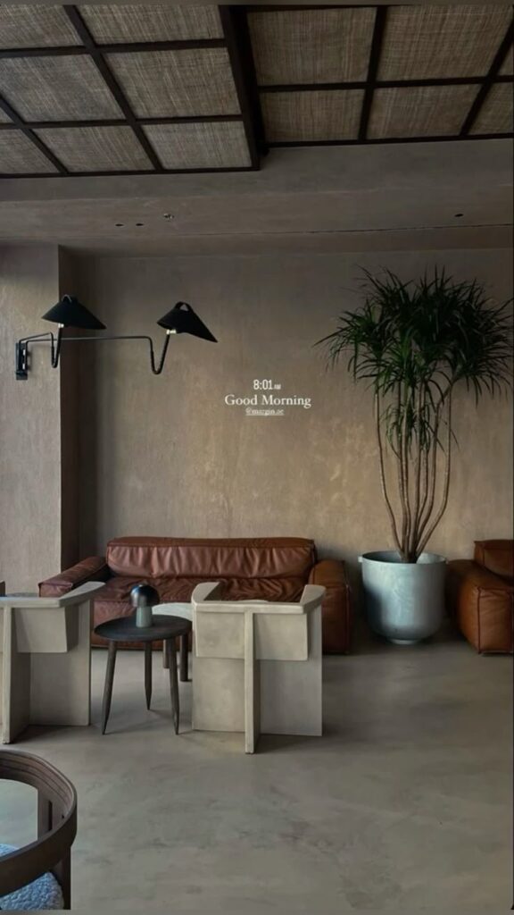 Cozy morning lounge with brown leather sofa, modern chairs, and a potted plant, perfect for relaxation.
