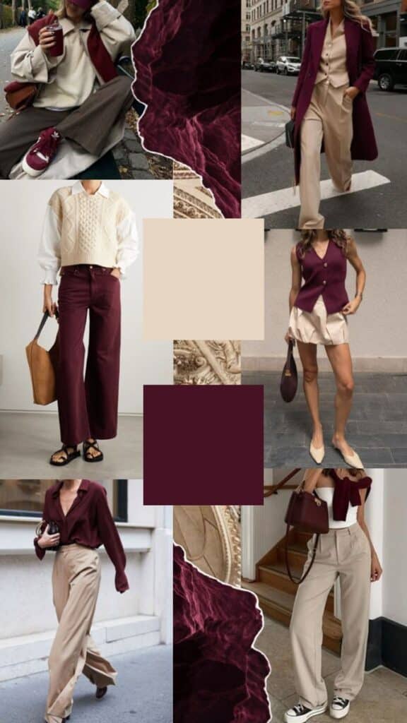 Fashion collage featuring beige and burgundy outfits with different styles and textures for fall inspiration. colour trends