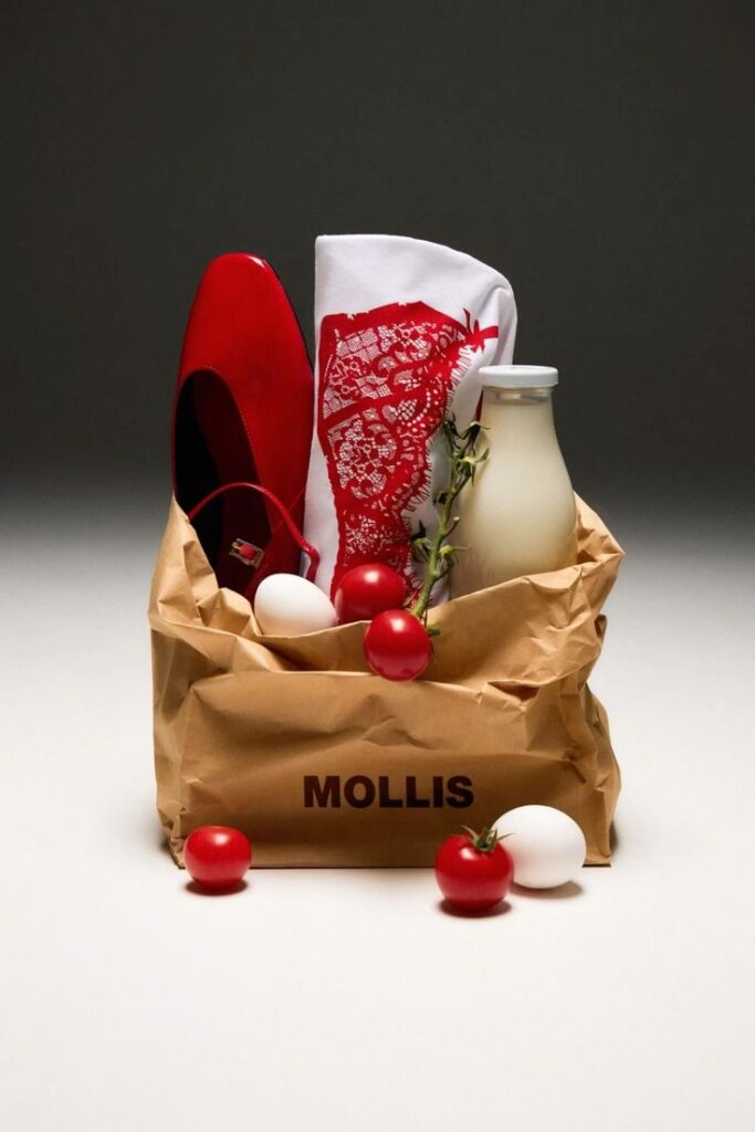 Paper bag with red high heel, milk bottle, eggs, tomatoes, and lace cloth on a gray background.