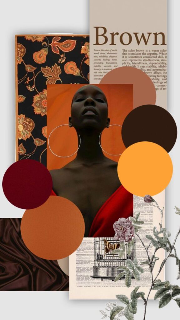 Collage with a woman in profile, text about the color brown, vibrant patterns, and warm color swatches for artistic inspiration.
