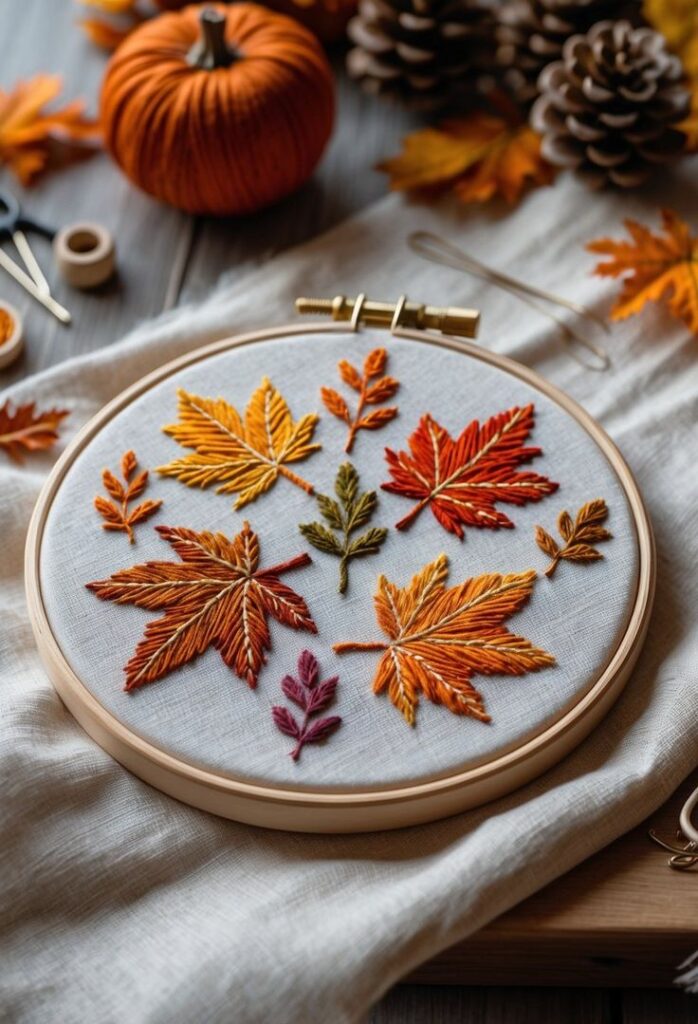 Embroidery hoop displaying vibrant autumn leaves on fabric, surrounded by fall-themed decor like pumpkins and pinecones.