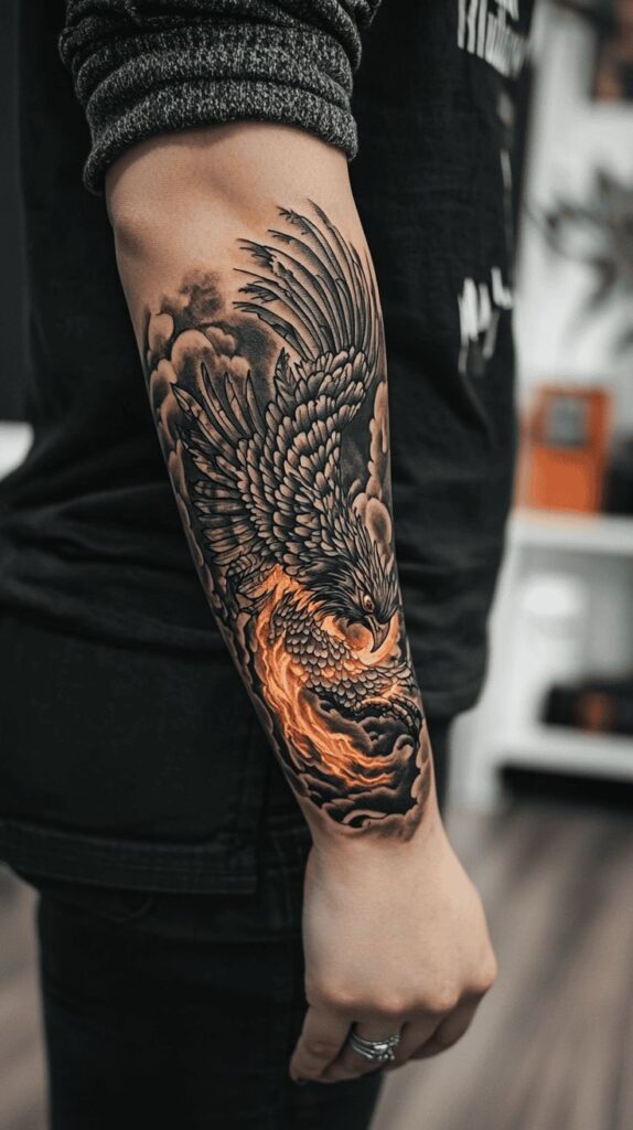 Detailed phoenix tattoo on forearm with fiery orange accents on a black and gray feathered design.