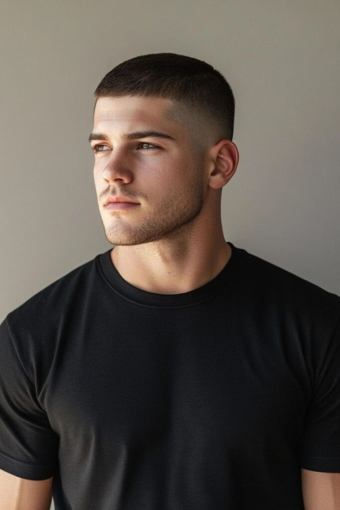Young man in black t-shirt with short hairstyle looking to the side against neutral background.