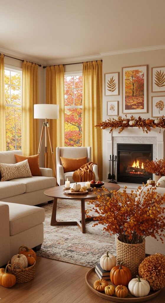 Cozy autumn-themed living room with fireplace, orange decor, and fall foliage outside windows.