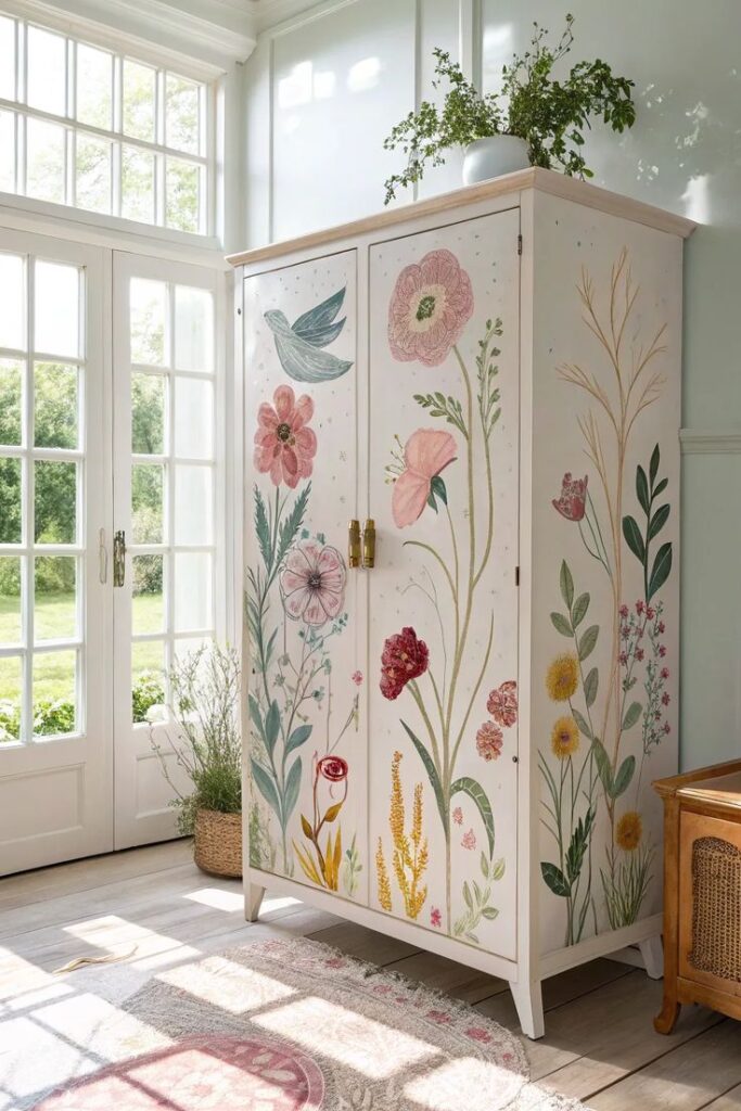 Floral-decorated wardrobe in a sunlit room with greenery and large windows.