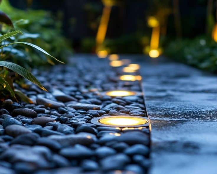 Illuminated stone pathway with embedded lights, bordered by lush greenery at night. Elegant and serene garden design.