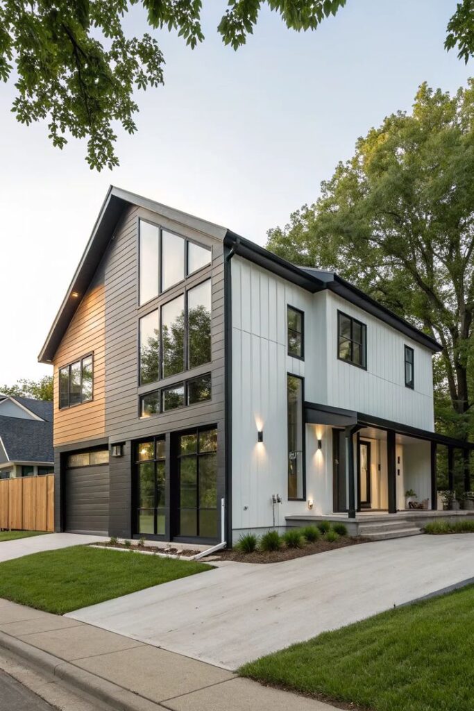 18+ Stylish Modern Siding Ideas for Your Home - Little Bricklane Modern two-story house with large windows, black and white exterior, green lawn, and surrounding trees. | Sky Rye Design Modern two-story house with large windows, black and white exterior, green lawn, and surrounding trees.
