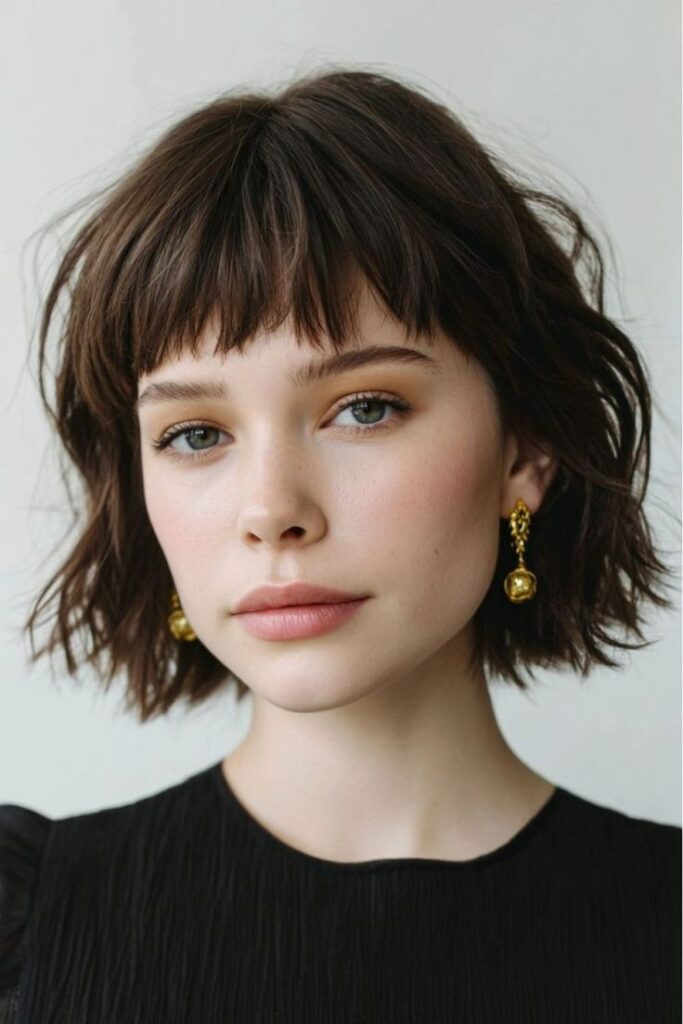 Young woman with short brown hair and gold earrings, wearing a black top, looking directly at the camera.