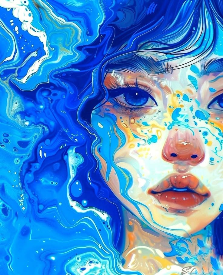 Vibrant abstract artwork of a woman's face with swirling blue and yellow patterns, conveying fluidity and emotion.
