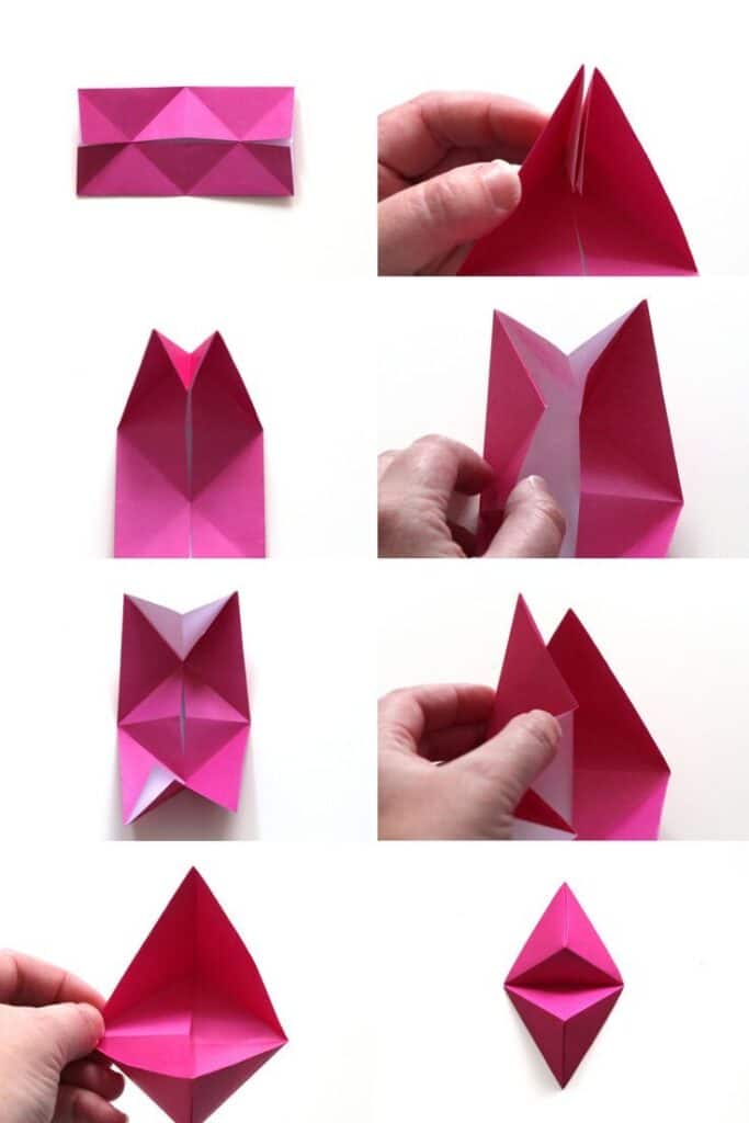 186458283a6e51ebdeb23c868020e372 Step-by-step pink origami folding instructions with hands demonstrating each step. | Sky Rye Design Step-by-step pink origami folding instructions with hands demonstrating each step.