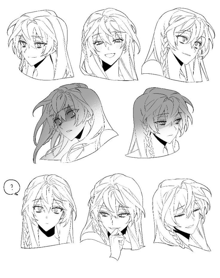 Anime character with long hair displaying various facial expressions, from happy to pensive, in a black and white sketch.