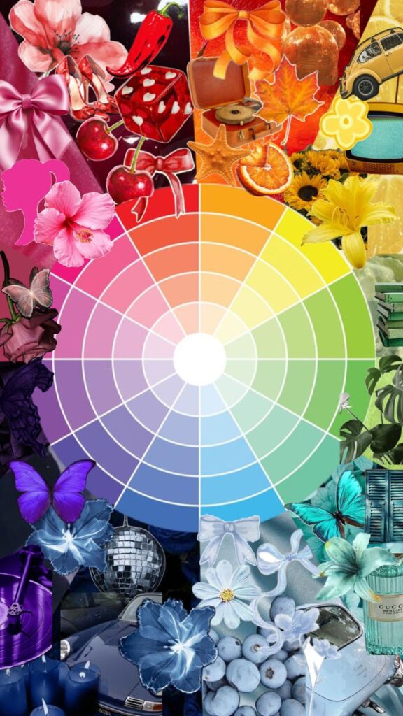 Color wheel surrounded by themed objects like flowers, butterflies, and fruits, illustrating a vibrant spectrum.