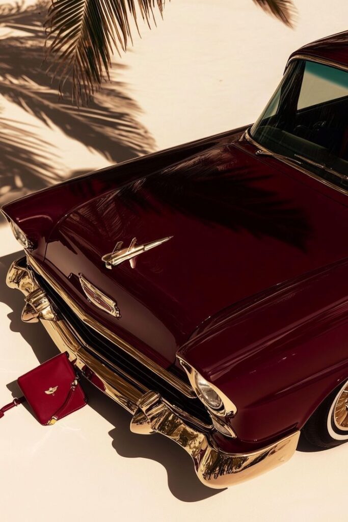 Classic maroon car with palm shadow; vintage elegance and luxury concept.