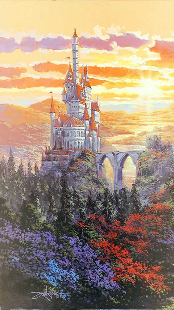 Fantasy castle with towering spires at sunrise, surrounded by colorful flowers and lush forest landscape.