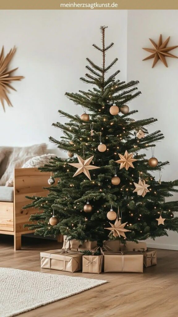 Decorated Christmas tree with star ornaments and wrapped gifts in a cozy living room setting.