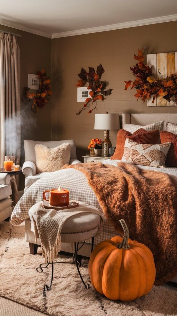 Cozy autumn bedroom with orange accents, fall decorations, and a large pumpkin adding seasonal warmth.